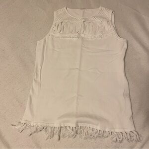 ELIE TAHARI White Sleeveless Top with Fringe and Tassels